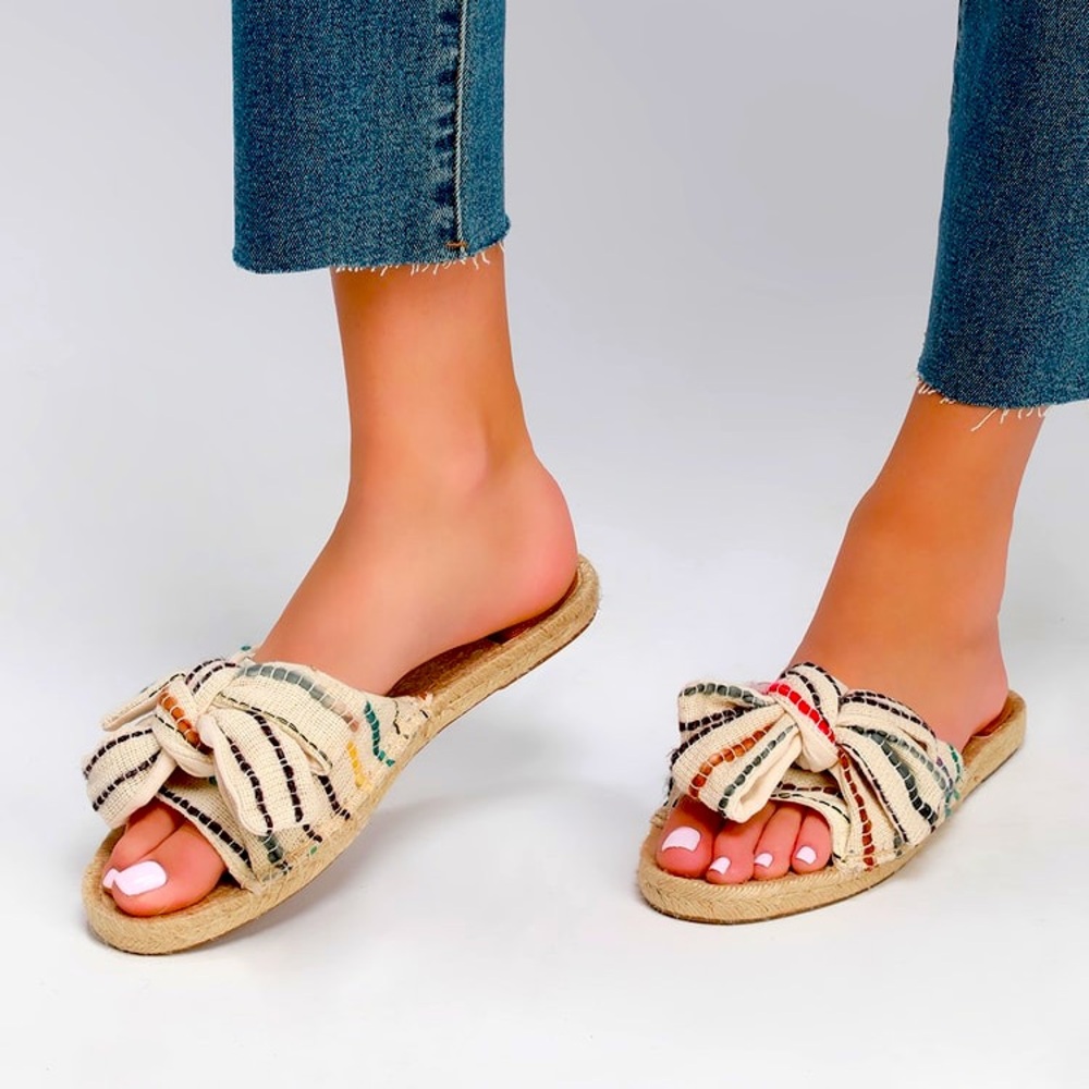 Lulu's Striped Knot Espadrille Slide Sandals in Cream